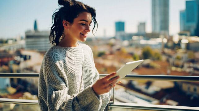 Smiling Millennial Woman Using Tablet: Modern Technology and Connectivity in Urban Cityscape Setting