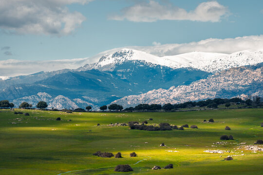 Snowcapped mountain above green meadow under cloudy sky