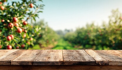 Fototapeta premium A rustic wooden surface sits in focus against a blurred backdrop of an apple orchard bathed in warm sunlight, creating a serene and inviting scene.
