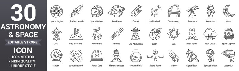 Astronomy line icon set. Featuring space exploration editable outline icons including universe, satellite, rocket, telescope, planet, cosmic and more collection. Vector illustration © Hena