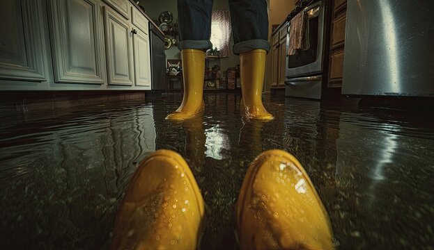 Person wearing yellow rubber boots standing in a flooded kitchen.