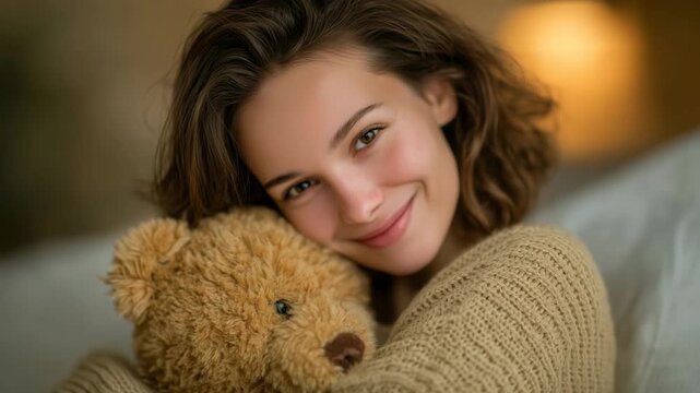Intimate close-up of a smiling young woman pressing her cheek against a fluffy brown teddy bear, soft knit sweater texture visible, shallow depth of field blurring the cozy home ba