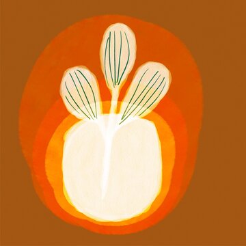 Abstract botanical flower illustration on warm orange halo