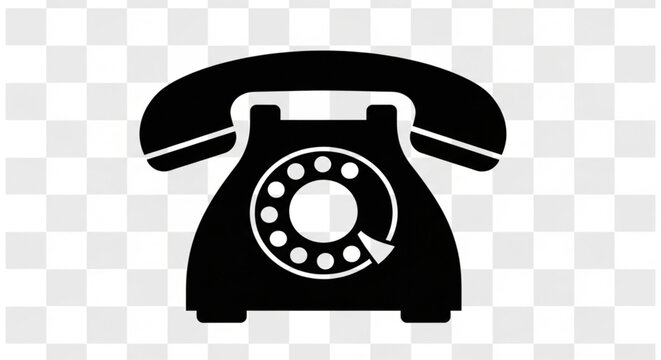 Retro rotary telephone icon, vintage black analog phone silhouette isolated on transparent background.