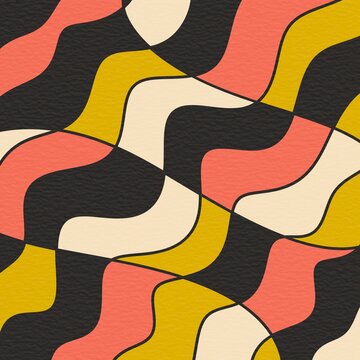 Abstract geometric wave pattern in coral, mustard and black