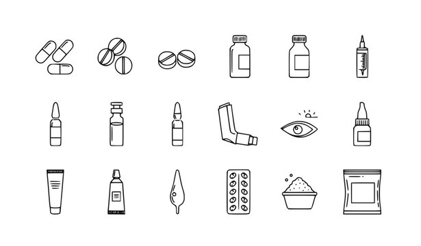 Pharmaceutical Dosage Forms Outline Icon Set Editable Stroke Medical Line Icons Pixel Perfect 64x64 Vector
