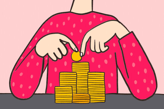 Cartoon hands stacking coins for finance contract planning