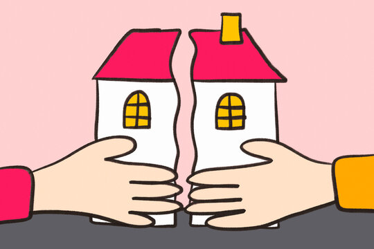 Hands splitting house illustration for divorce finance contract