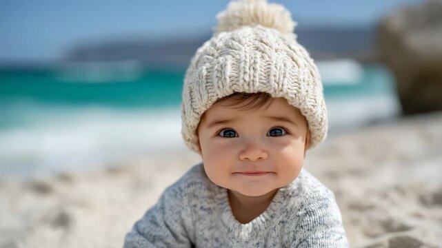 Lifestyle shot of happy baby on sandy beach, knit hat slightly oversized, turquoise waves gently blurred behind, soft sunlight creating playful highlights, cheerful and carefree tr