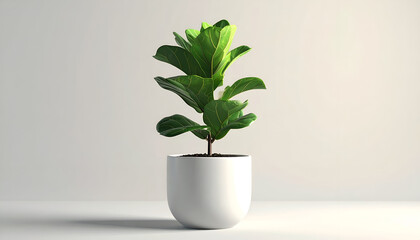 Fototapeta premium A vibrant fiddle-leaf fig plant is showcased in a minimalist white pot against a neutral backdrop.
