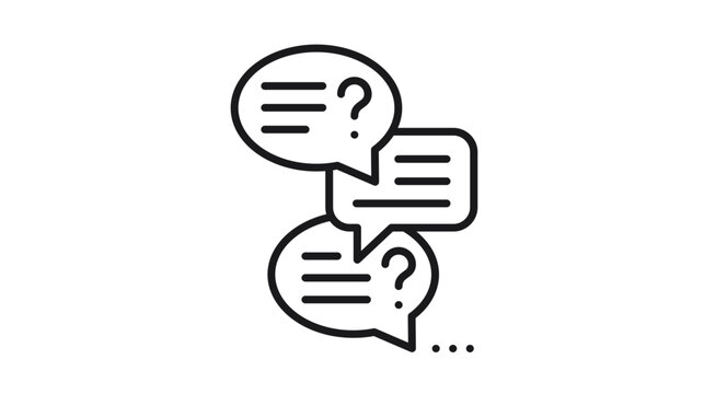 Minimalist Black Line Vector Icon Illustration of Three Overlapping Speech Bubbles with Question Marks and Text Lines, Symbolizing FAQ, Customer Support, Online Chat, and Communication Concepts