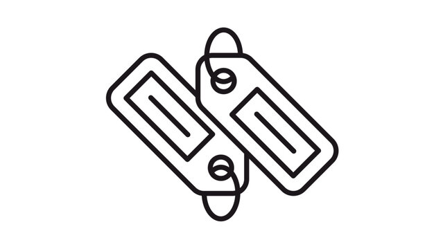 Minimalist black line art vector icon illustration of two price tags or luggage labels, scalable graphic symbol for retail, commerce, travel, and identification purposes on white background.