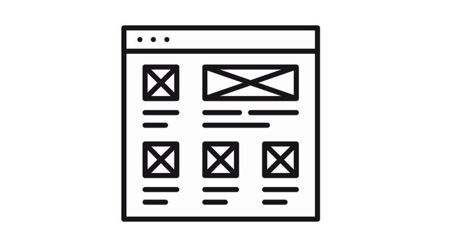 Website wireframe and browser window layout vector icon, digital interface prototype illustration, minimalist web design mockup symbol, UI UX development graphic, scalable black silhouette