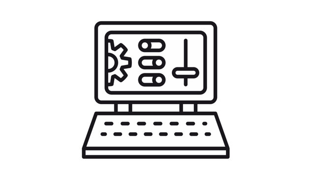 Laptop computer system settings and configuration vector icon featuring a gear, toggle switches, and a slider on the display. Minimalist black line art illustration for software control.