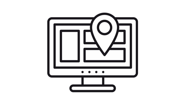 Black vector icon of a computer monitor with a location pin map marker on the screen. Minimalist illustration for digital navigation, online maps, local SEO, and GPS tracking services on white.