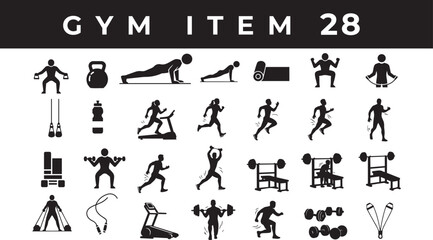 Fototapeta premium A simple business and sports icon set featuring people silhouettes and activity symbols in a clean vector design, gym item with fitness