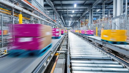 Fototapeta premium A dynamic perspective inside a modern warehouse showcases automated conveyor systems transporting colorful boxes, highlighting the efficiency of logistics and supply chain operations.