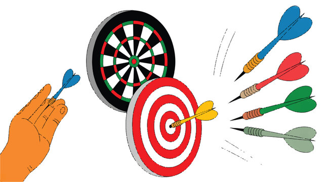 hand holding dart and throwing at dartboard with multiple darts flying towards it