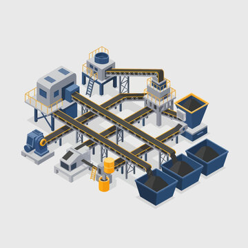 Isometric Coal Mining Plant Illustration with Conveyor Belts and Machinery.