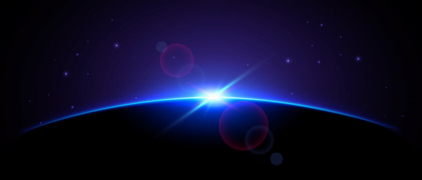 Blue Shiny Sun Eclipse. Planet In Space Concept