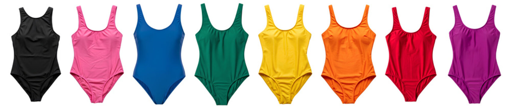 Colorful One Piece Swimsuits Set PNG. Collection of eight classic women's summer bathing suits in various vibrant colors isolated for beach vacation and pool fashion concepts. Swimwear composite PNG.