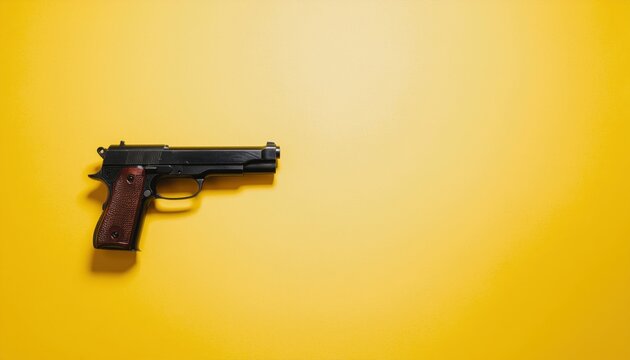 Intense firearm against bright yellow backdrop, symbolizing safety concerns