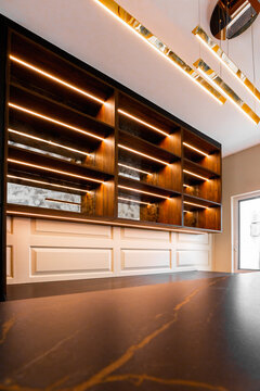 Luxury minimalist bar interior with marble and wood shelves