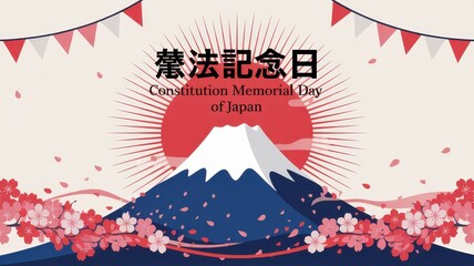 Constitution Memorial Day of Japan vector illustration with Mount Fuji, cherry blossoms, and rising sun