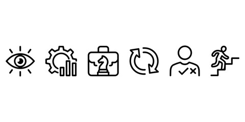 Fototapeta premium Six business strategy including eye gear chart briefcase chess piece arrows and person climbing stairs in white background