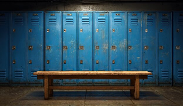 A weathered wooden bench sits centered before a row of aged, blue school lockers, creating a nostalgic and slightly melancholic atmosphere.