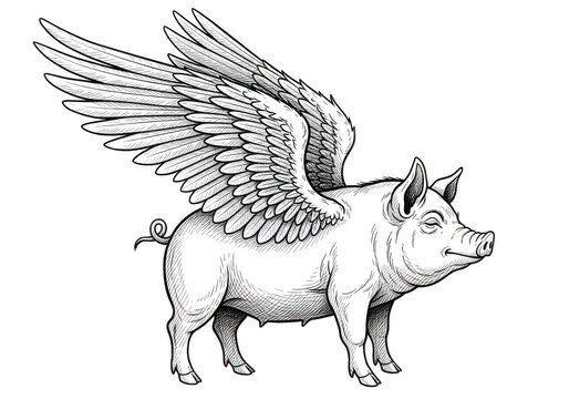 A detailed black and white line art illustration of a mythical pig with large feathered wings isolated on transparent background