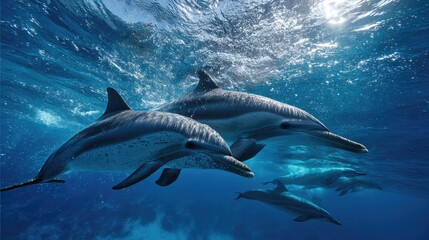 Naklejka premium Majestic Dolphins Swimming Gracefully Underwater in Clear Blue Ocean