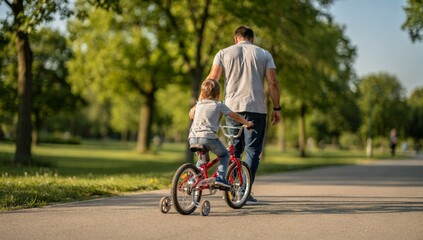 Fototapeta premium A heartwarming scene of a father teaching his child to ride a bike in a serene park setting, capturing a special moment in their relationship.
