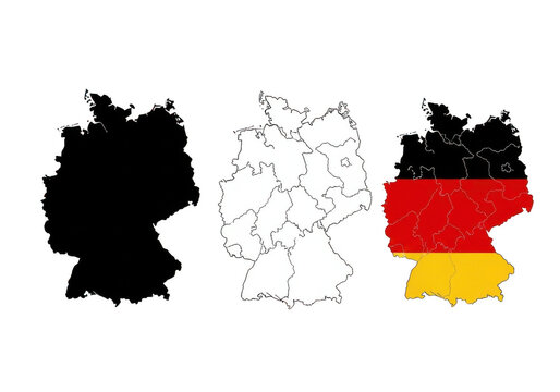 Three different artistic representations of the geographic map of the country of germany today isolated on transparent background