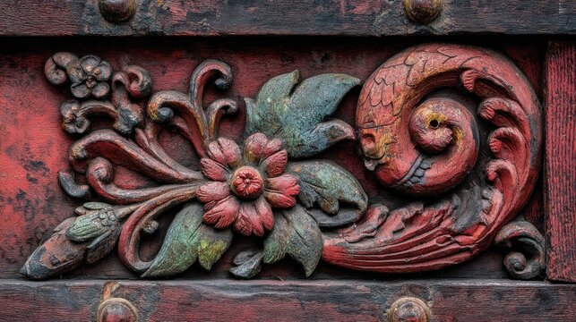 Ornate, carved wooden panel, vibrant colors