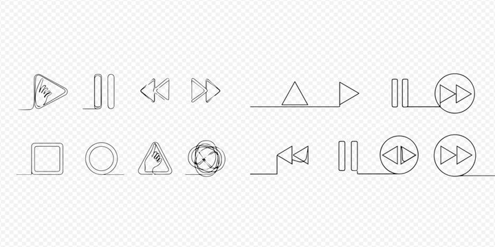 Continuous line drawing of media player control buttons including play, pause, stop, and skip icons.