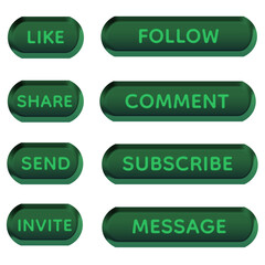 Fresh Green Gradient Velvet-Like 3D Social Media UI Button Set with Glossy Finish, Rounded Soft Interface Elements, Like Follow Share Comment Subscribe Message Controls, Clean Natural Digital Interact © Soapbeer
