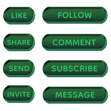 Fresh Green Gradient Velvet-Like 3D Social Media UI Button Set with Glossy Finish, Rounded Soft Interface Elements, Like Follow Share Comment Subscribe Message Controls, Clean Natural Digital Interact