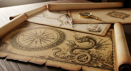 Fototapeta premium Vintage Dragon Map Scrolls with Compass Rose and Magnifying Glass