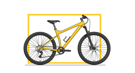 Fototapeta premium Modern yellow mountain bike with knobby tires and suspension, isolated on white background with yellow frame outline
