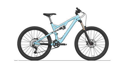 Obraz premium Light blue full suspension mountain bike illustration on a white background, side view, detailed drawing.