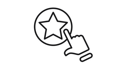 Minimalist black vector icon of a hand cursor pointer clicking on a star button inside a circle, representing favorites, bookmarks, or ratings. Scalable graphic illustration for UI design. © Sobia