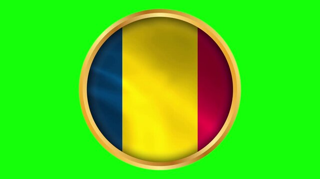 Chad Round Framed National Wavy Flag. Circular Blowing Flag of Tchad with Gold Frame