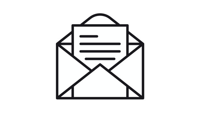 Minimalist black line art vector icon illustration of an open envelope with a written letter inside, representing email, digital communication, incoming mail, and correspondence symbols.
