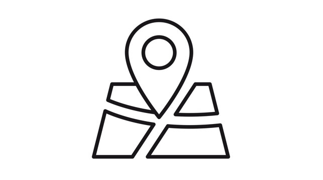 Minimalist black vector icon illustration of a location pin marker on a folded map, representing navigation, GPS tracking, travel destination, and geographical positioning system symbol.