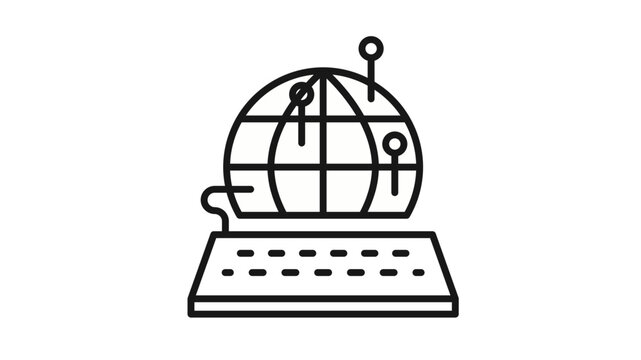 Global network and digital communication vector icon illustration featuring a world globe with location pins connected to a computer keyboard, representing connectivity, travel, and remote work.