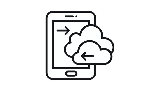 Black vector icon of a smartphone with cloud computing symbol and arrows, representing mobile data synchronization, cloud storage backup, and wireless file transfer in a minimalist style.