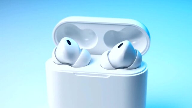 Wireless earbuds in white case open.