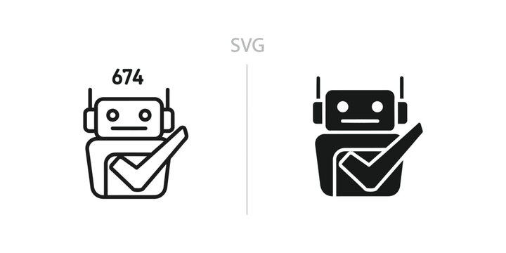 Comparison of robot icons with different styles and checkmark validation symbols