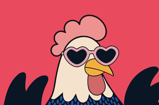 Cute cartoon chicken wearing heart-shaped sunglasses